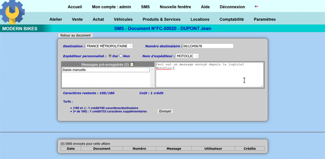 Echec Envoi Sms Sur Un Numero MotoClic - SMS - Envoyer des SMS - Le logiciel des garages moto